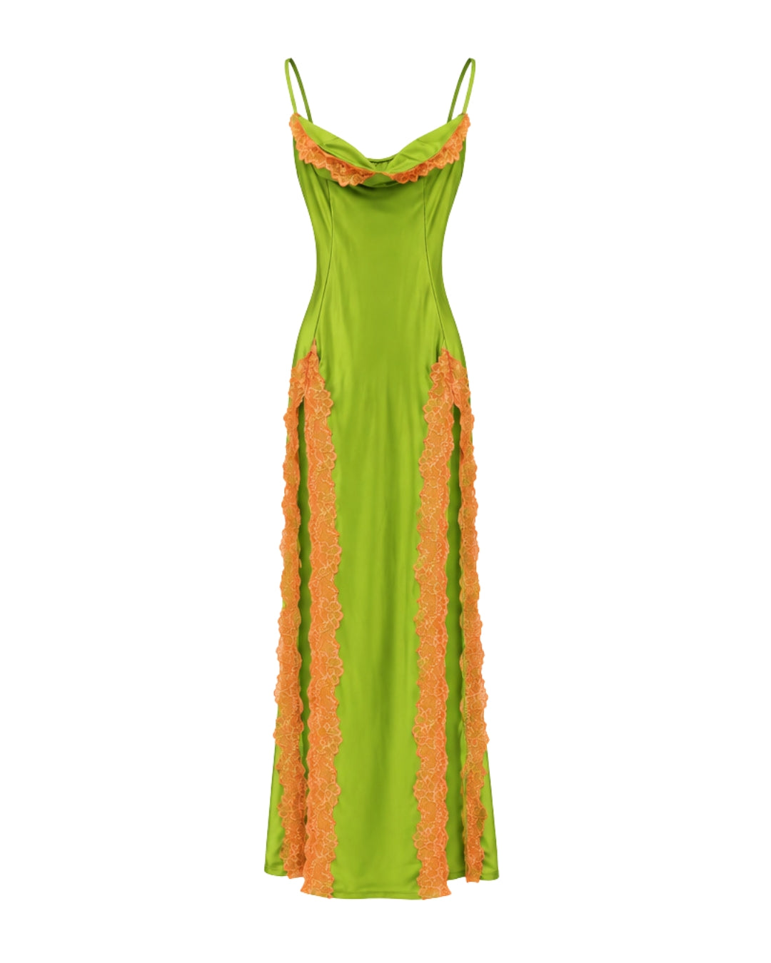 Women’s Lime Green Satin Maxi Dress with Orange Lace