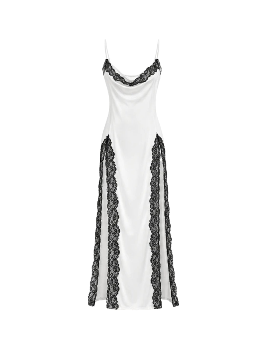 Women’s White Satin Maxi Dress with Black Lace