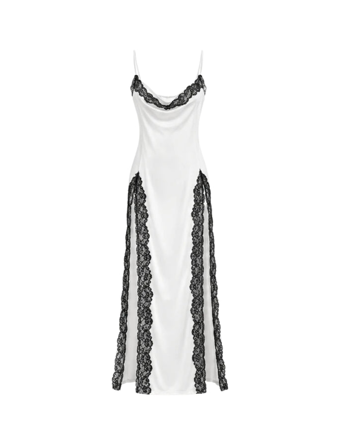 Women’s White Satin Maxi Dress with Black Lace