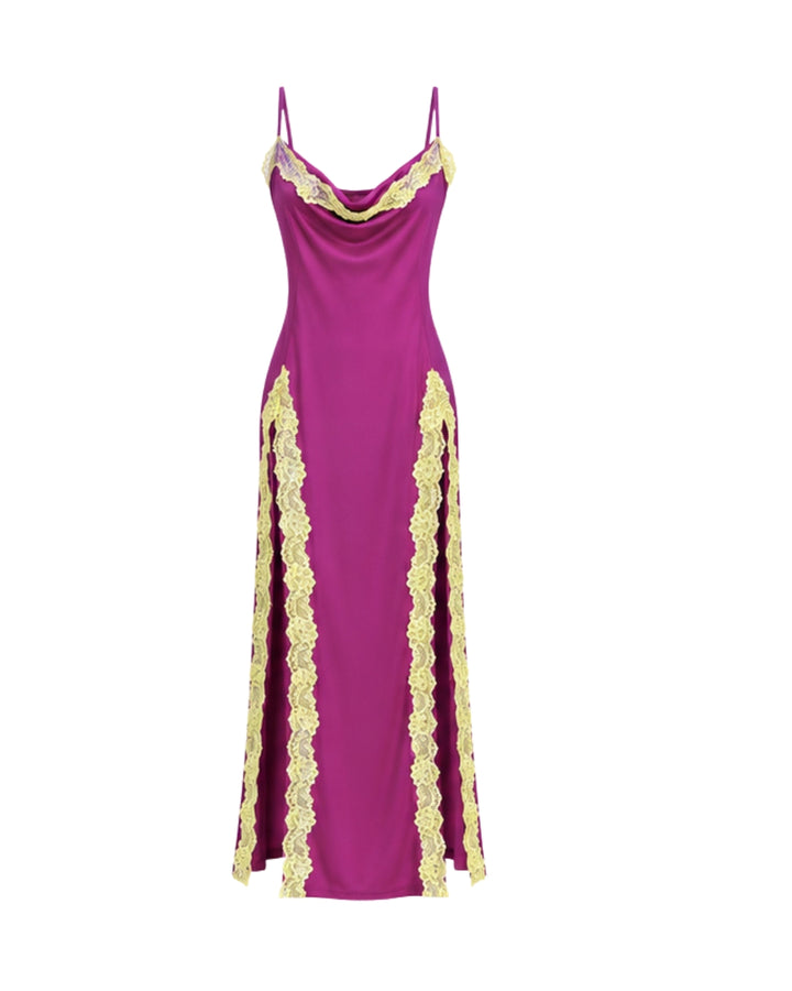 Women’s Fuchsia Satin Maxi Dress with Yellow Lace