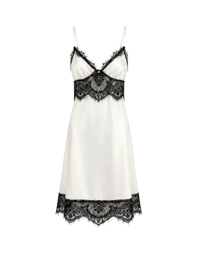 Women’s Ivory Satin Mini Dress with Black Lace