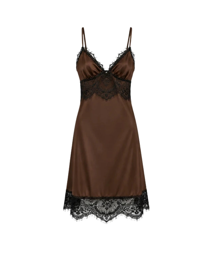 Women’s Chocolate Brown Satin Mini Dress with Black Lace