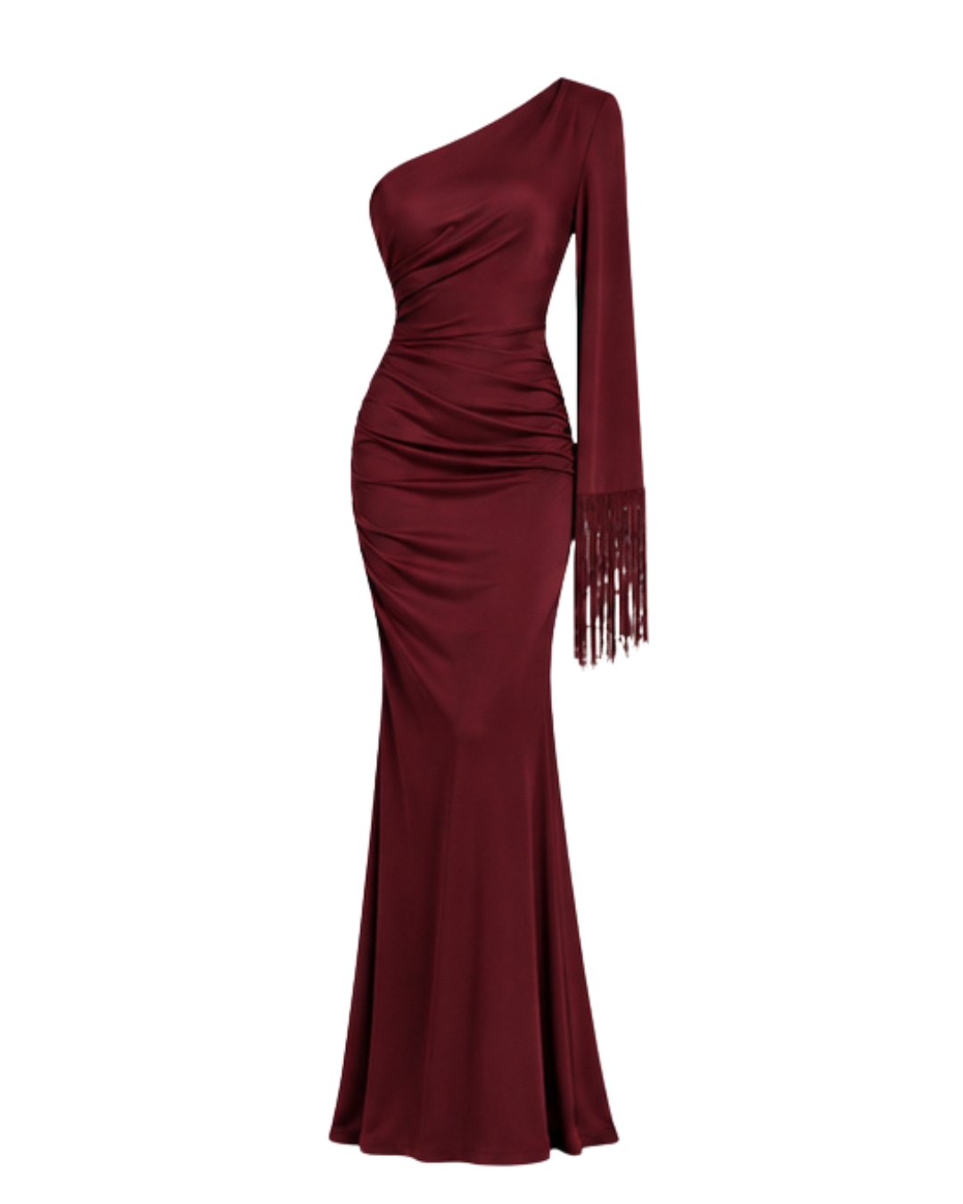 Burgundy One-Shoulder Maxi Dress with Fringe Sleeve
