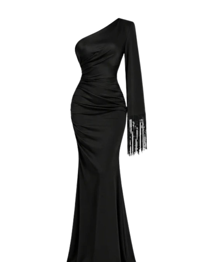 Women’s Black One-Shoulder Maxi Dress with Fringe Sleeve