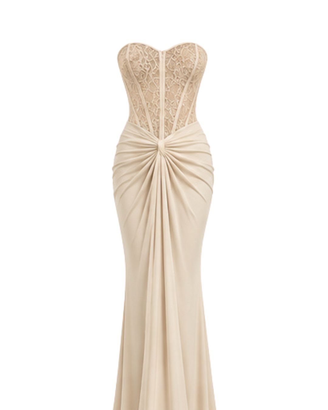 Women’s Beige Strapless Lace Corset Maxi Dress with Draped Waist