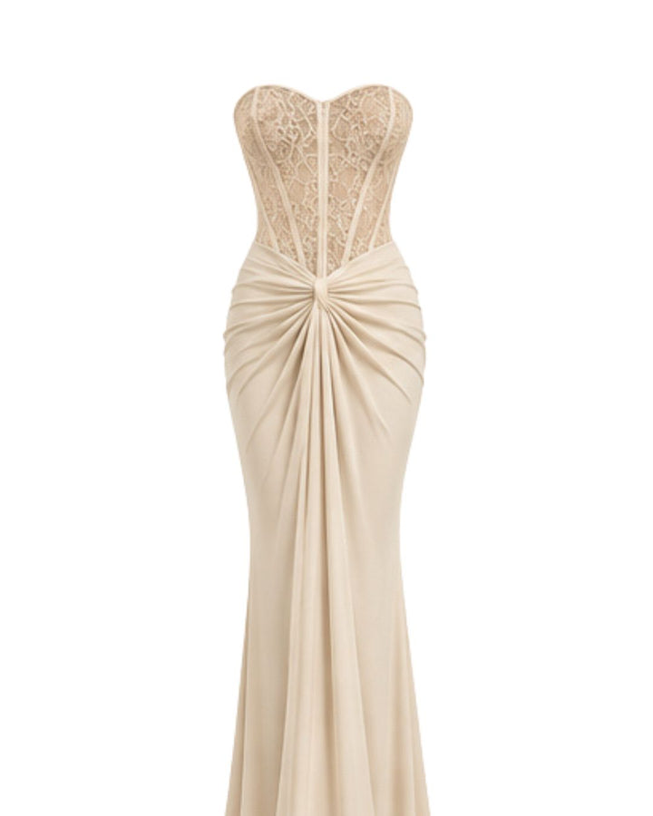 Women’s Beige Strapless Lace Corset Maxi Dress with Draped Waist