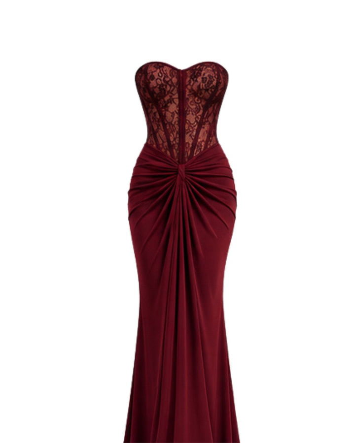 Women’s Burgundy Strapless Lace Corset Maxi Dress with Draped Waist