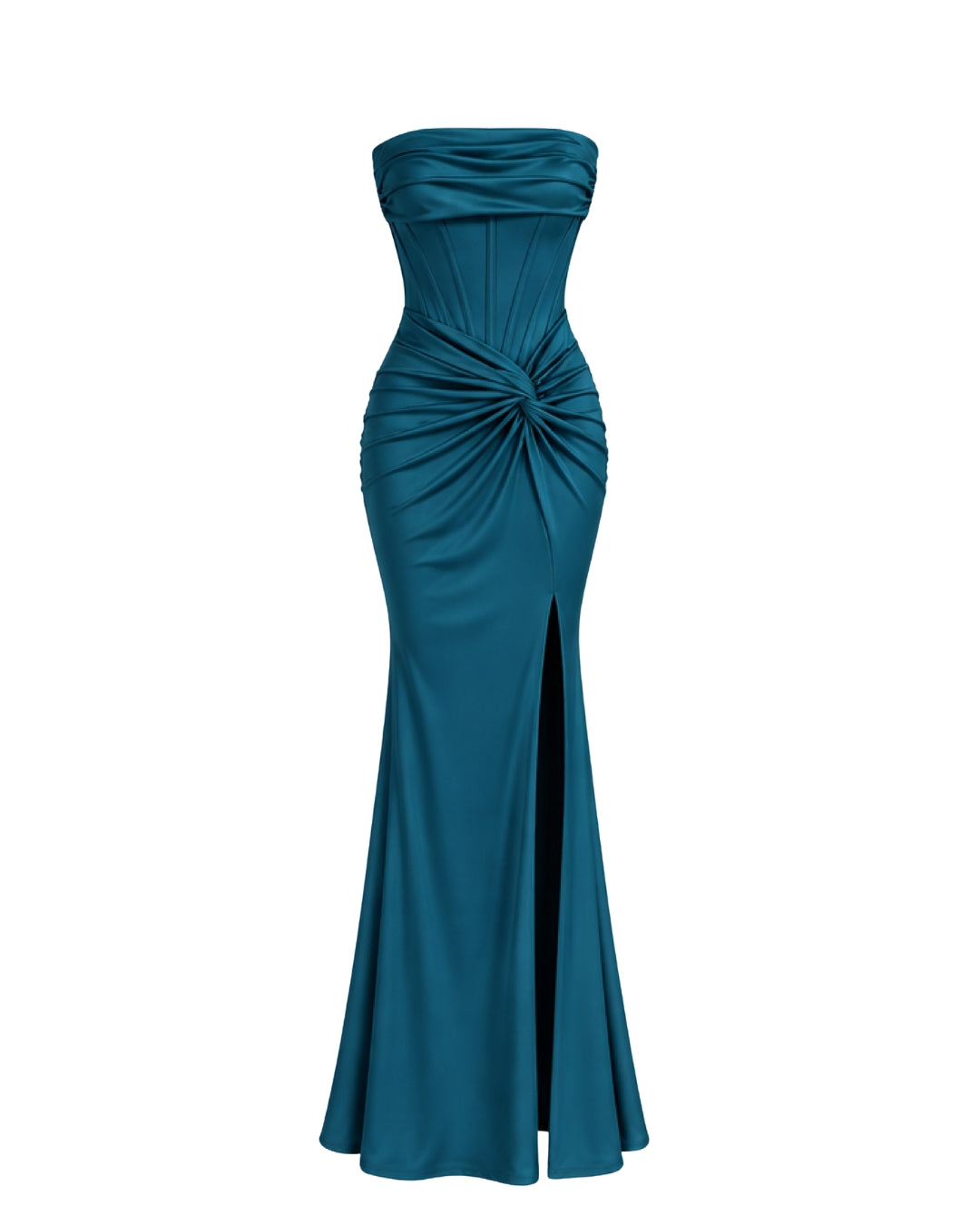 Women’s Teal Strapless Corset Maxi Dress with Draped Waist & Front Slit