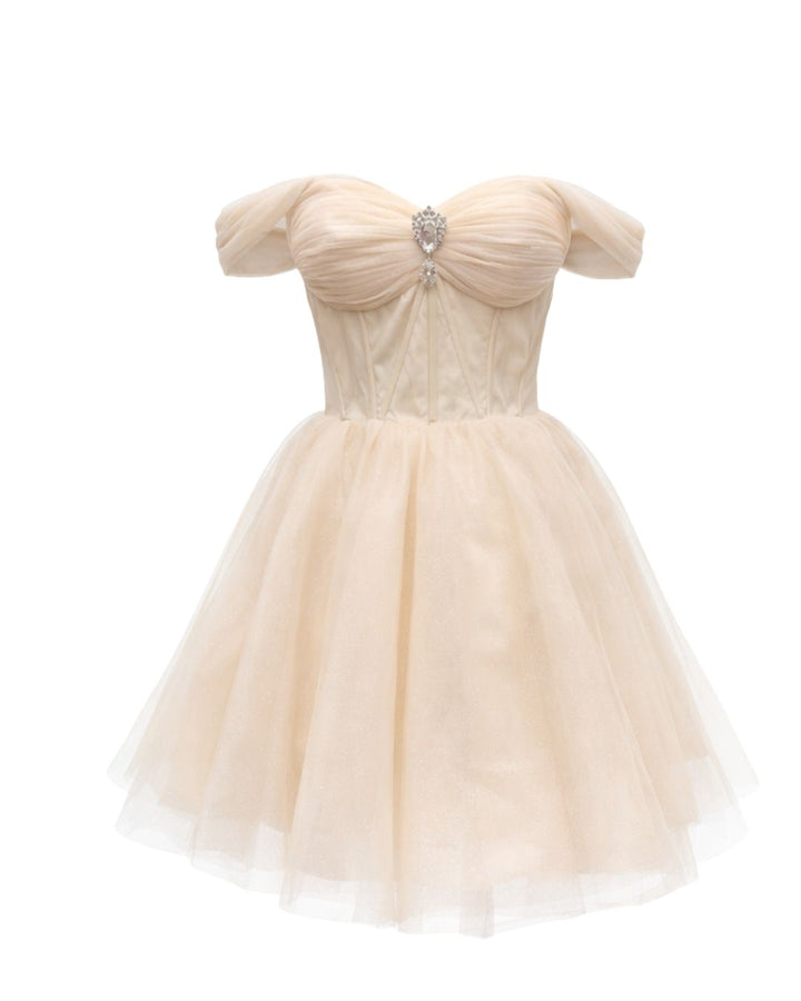 Champagne Off-Shoulder Tulle Mini Dress