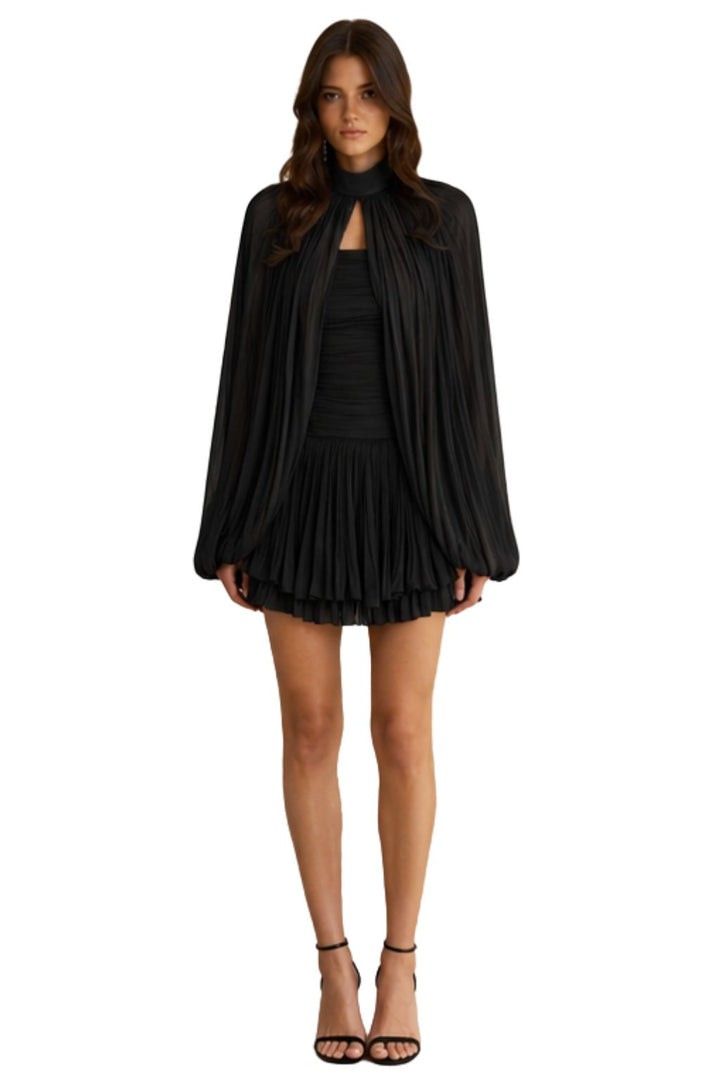 Black Satin Pleated Cape Mini Dress