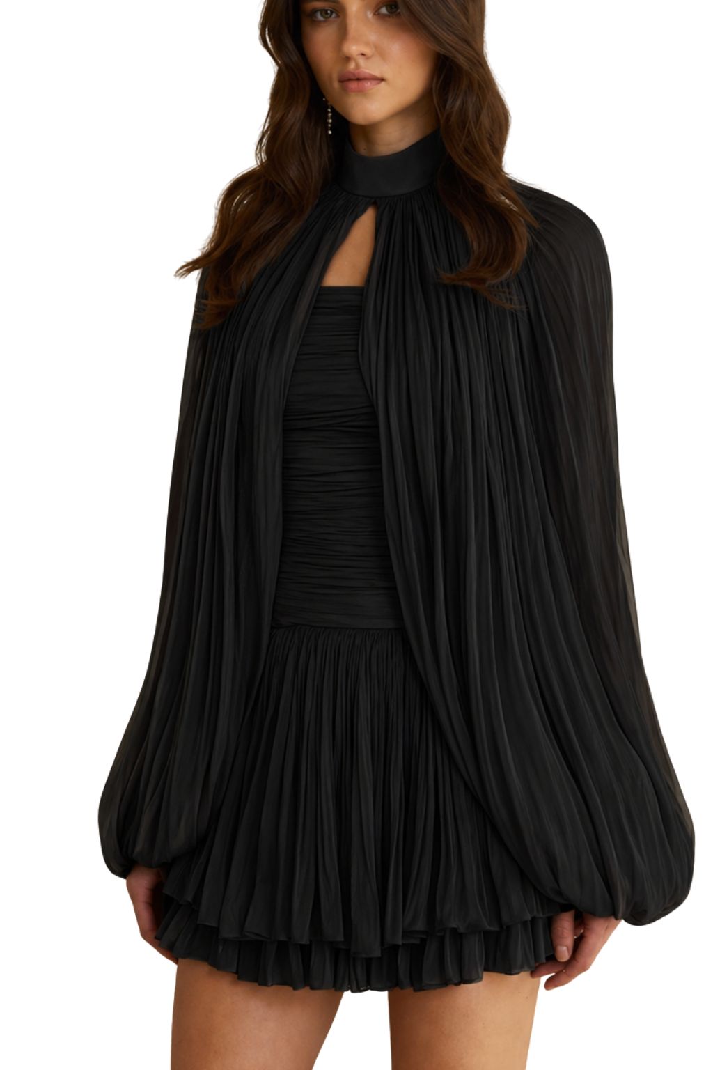 Black Satin Pleated Cape Mini Dress