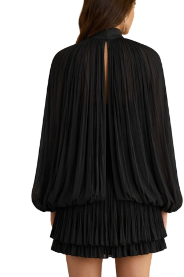 Black Satin Pleated Cape Mini Dress