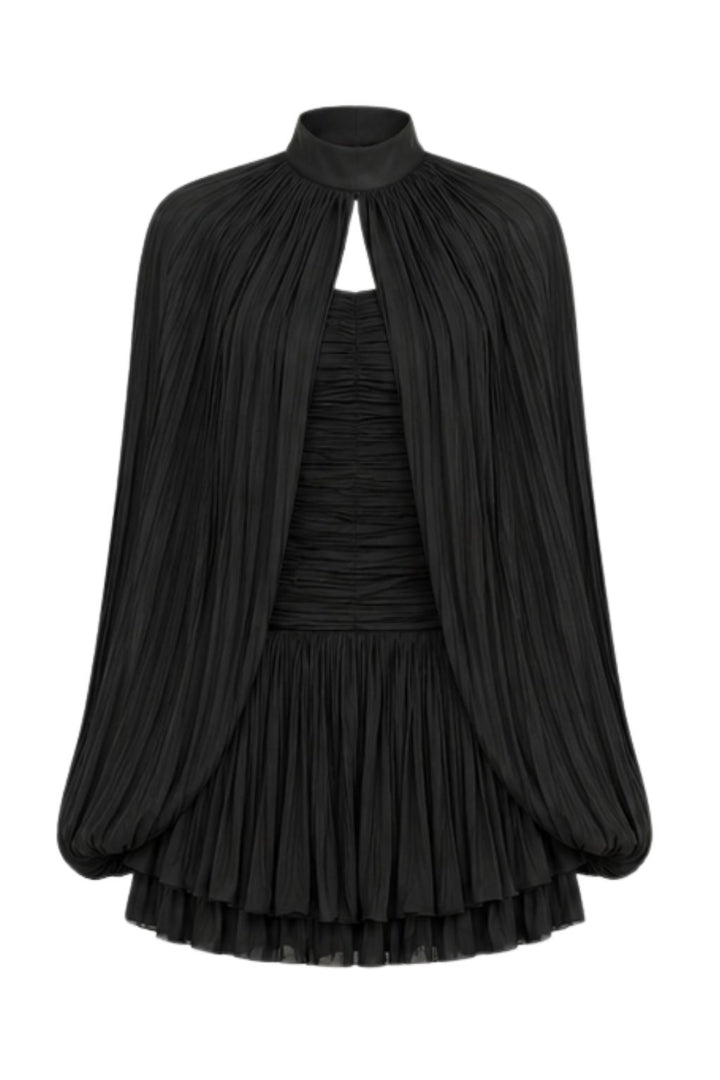 Black Satin Pleated Cape Mini Dress