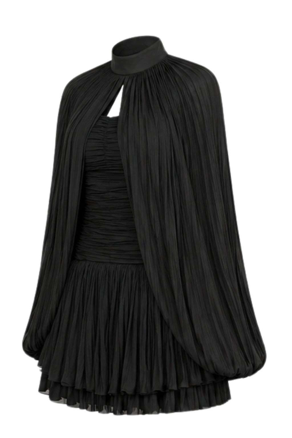 Black Satin Pleated Cape Mini Dress