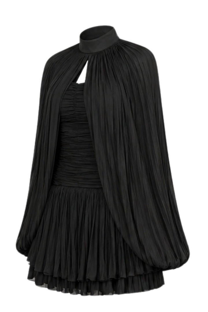 Black Satin Pleated Cape Mini Dress