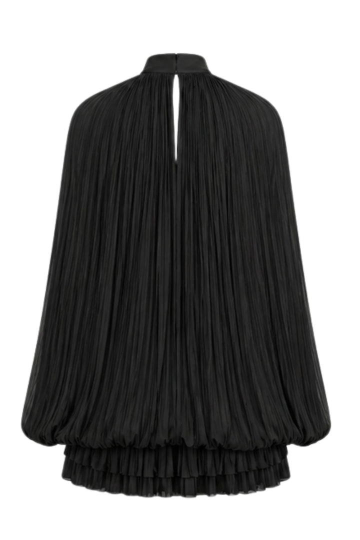 Black Satin Pleated Cape Mini Dress