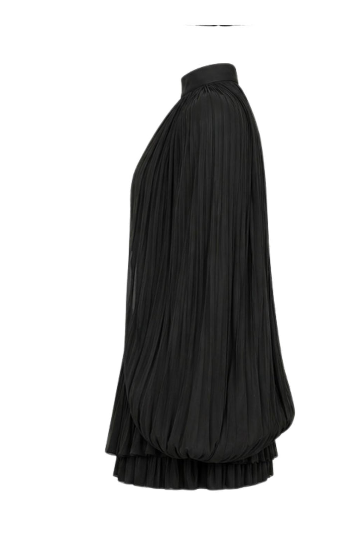 Black Satin Pleated Cape Mini Dress
