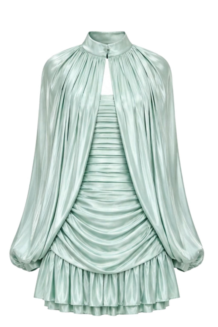 Mint Satin Pleated Cape Mini Dress