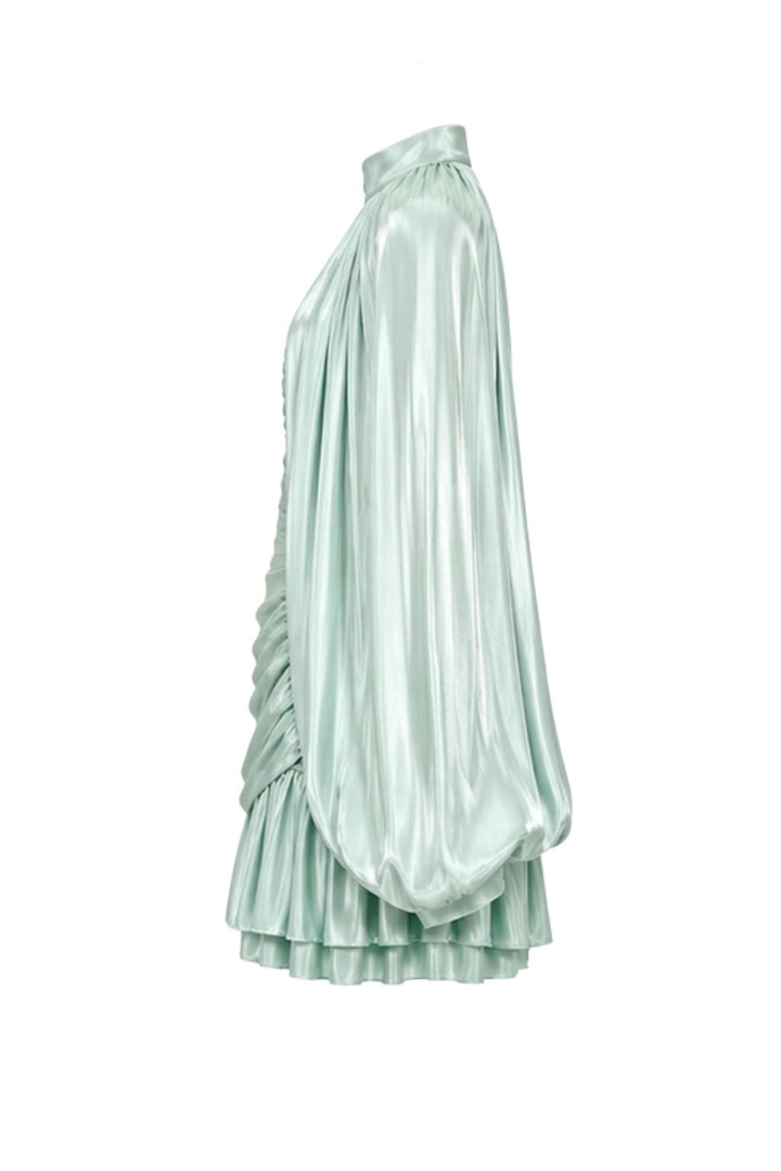 Mint Satin Pleated Cape Mini Dress