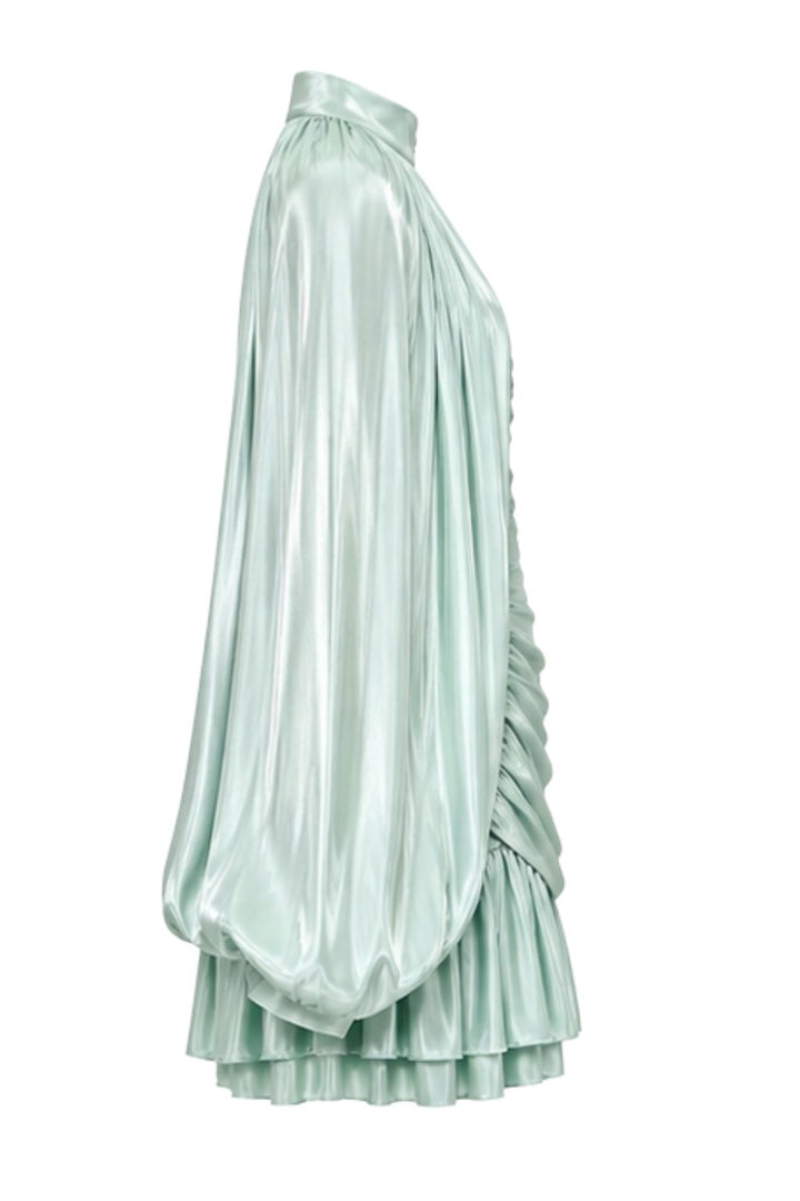 Mint Satin Pleated Cape Mini Dress