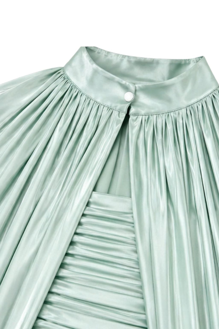 Mint Satin Pleated Cape Mini Dress