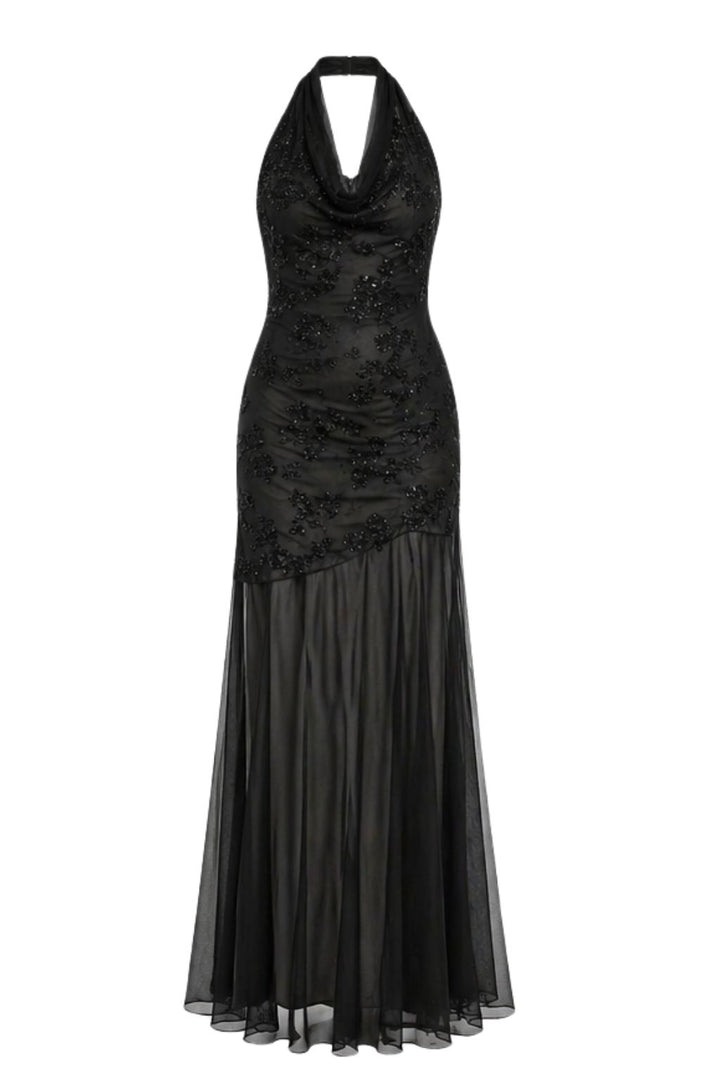 Black Halter Embellished Mesh Maxi Dress
