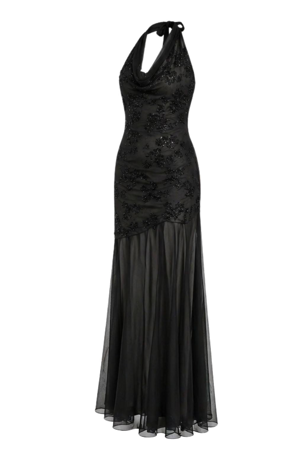 Black Halter Embellished Mesh Maxi Dress