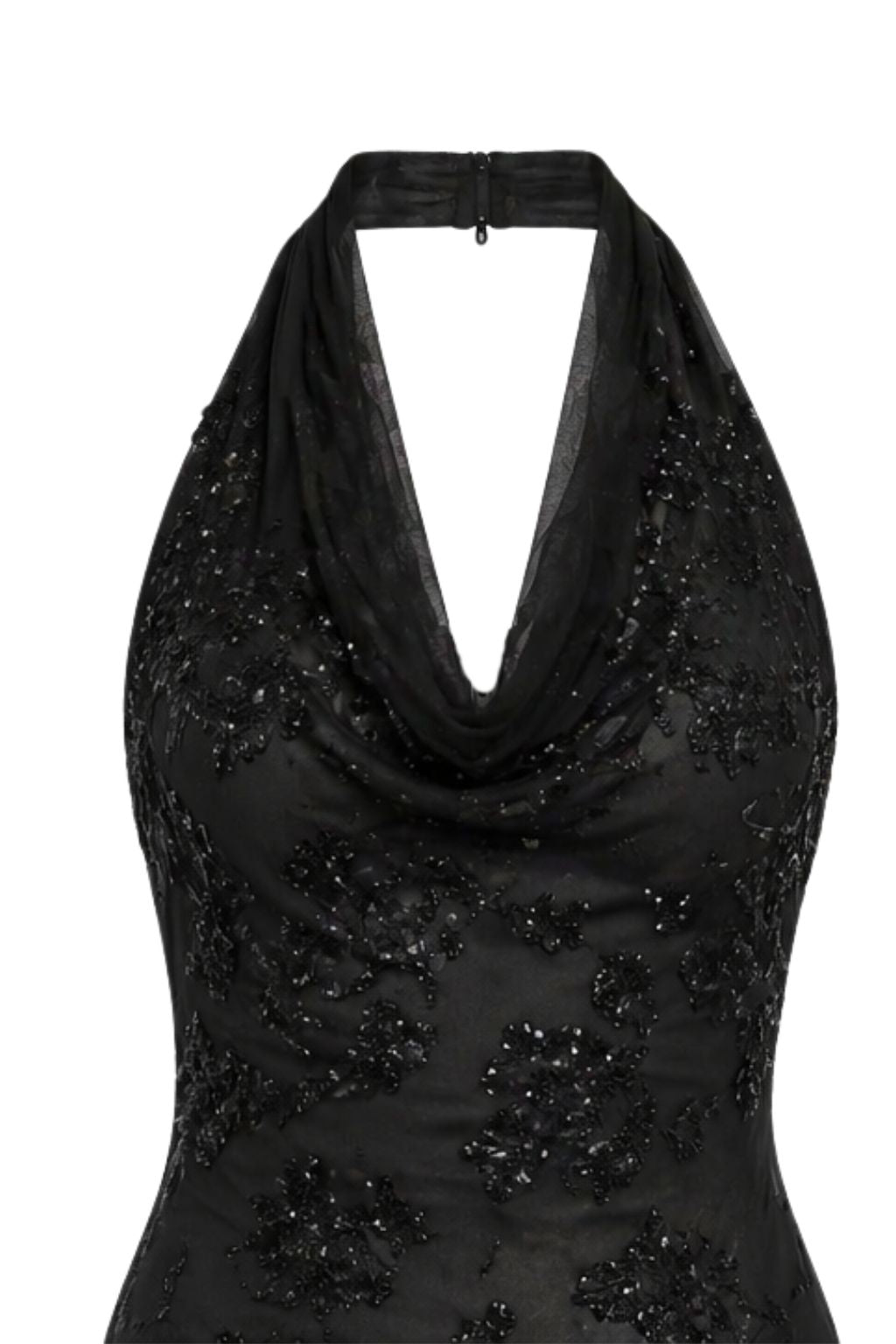 Black Halter Embellished Mesh Maxi Dress