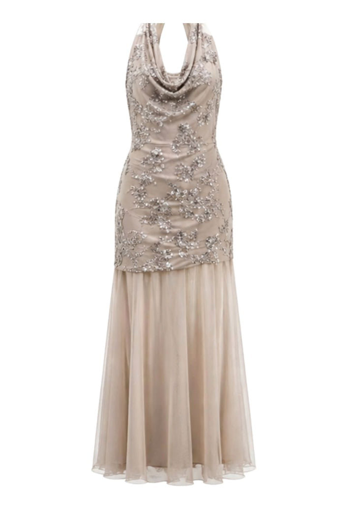 Halter Embellished Mesh Maxi Dress