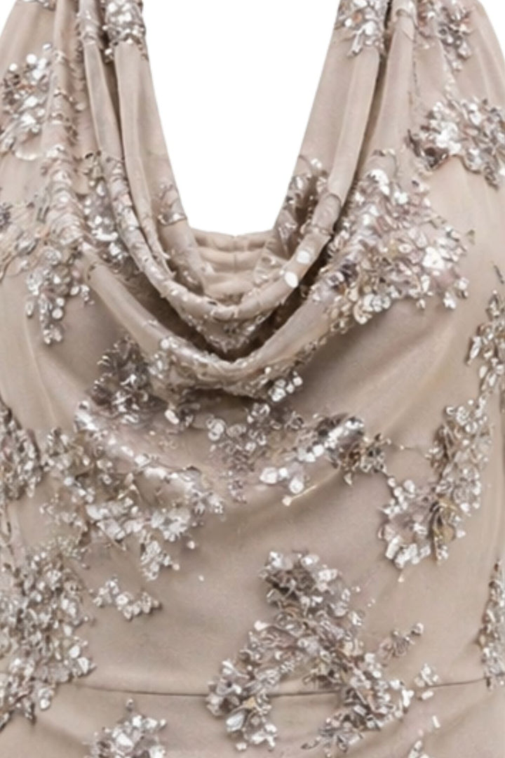 Halter Embellished Mesh Maxi Dress