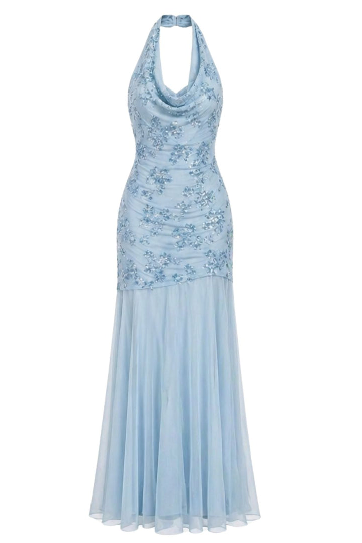 SKY Halter Embellished Mesh Maxi Dress
