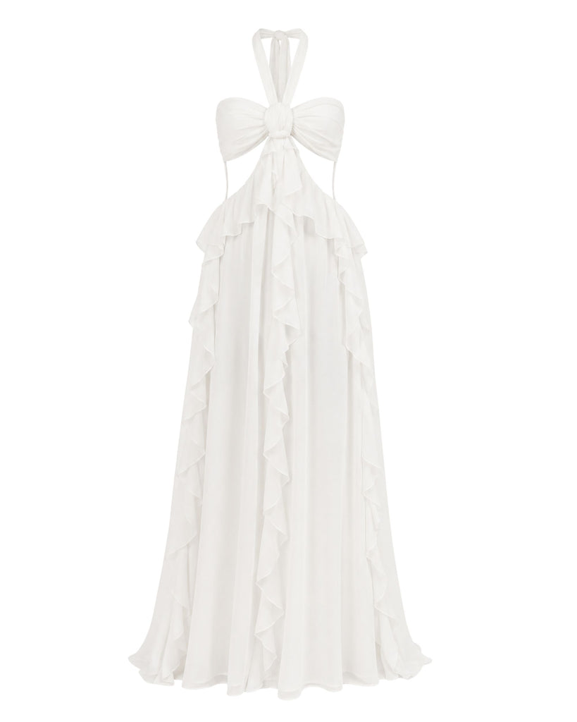 white maxi ruffle dress 12th Tribe - Chateau - Size XL back draping detail to skim your silhouette as you move Velvi - Saylor Pleated Satin