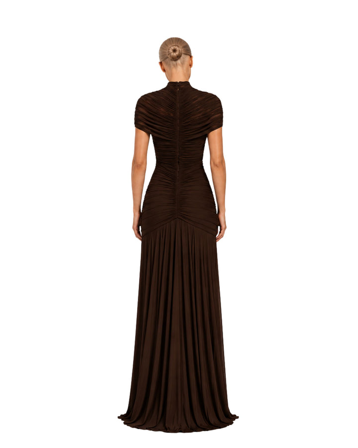 Aurora Chocolate Brown Ruched Maxi Dress