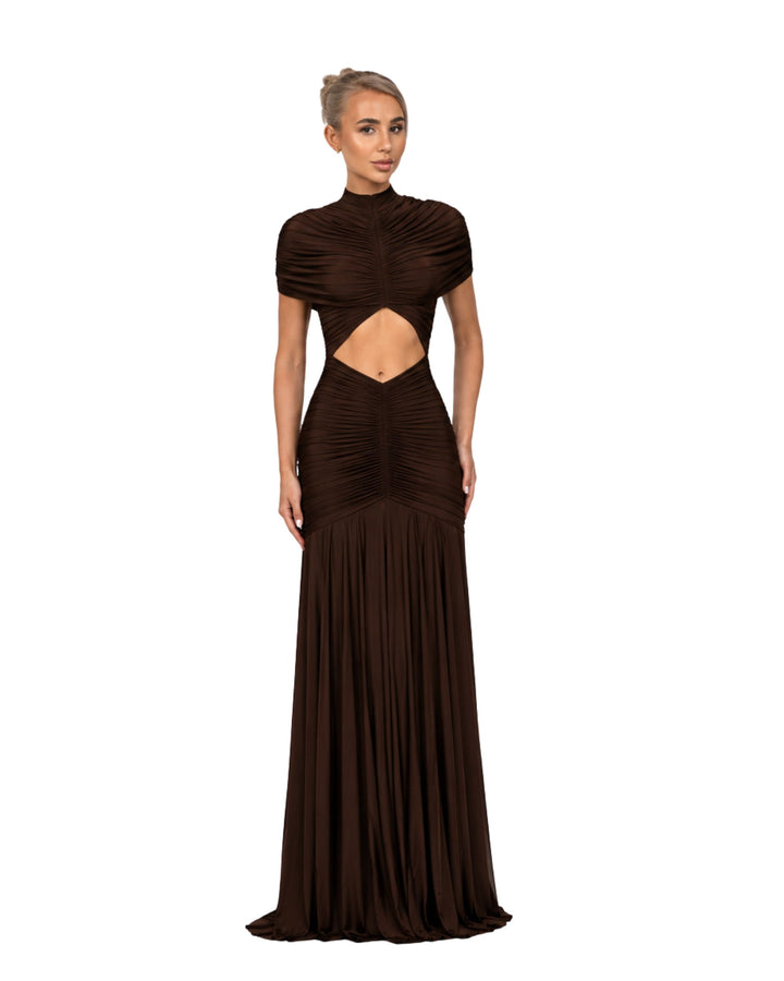 Aurora Chocolate Brown Ruched Maxi Dress