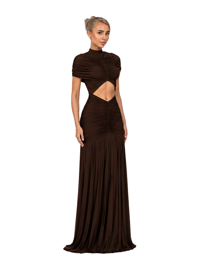 Aurora Chocolate Brown Ruched Maxi Dress