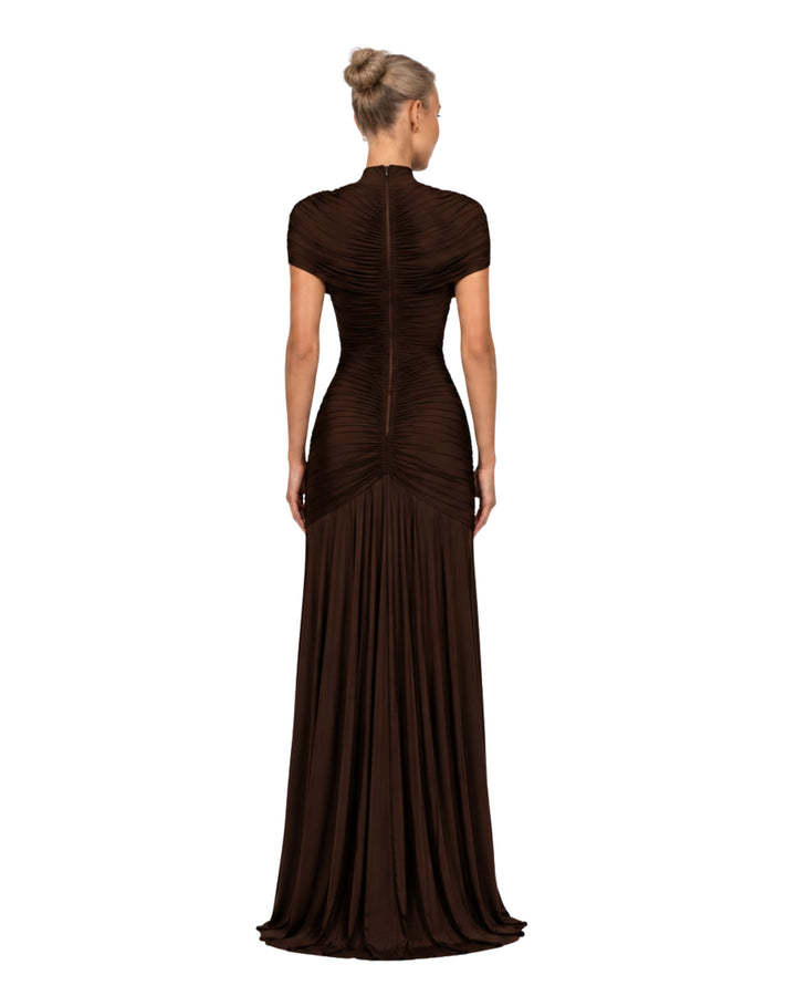 Aurora Chocolate Brown Ruched Maxi Dress