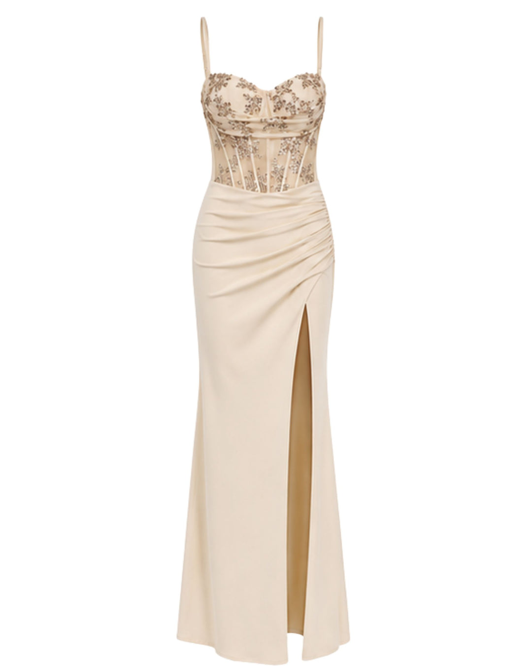 Celestia Embellished Corset Maxi Dress in Champagne Beige –