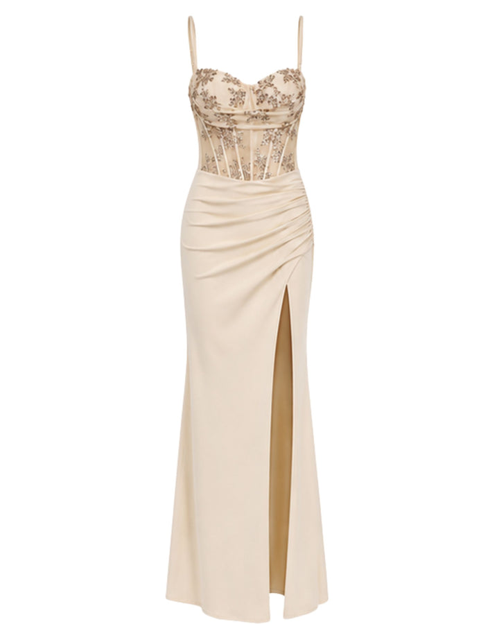 Celestia Embellished Corset Maxi Dress in Champagne Beige