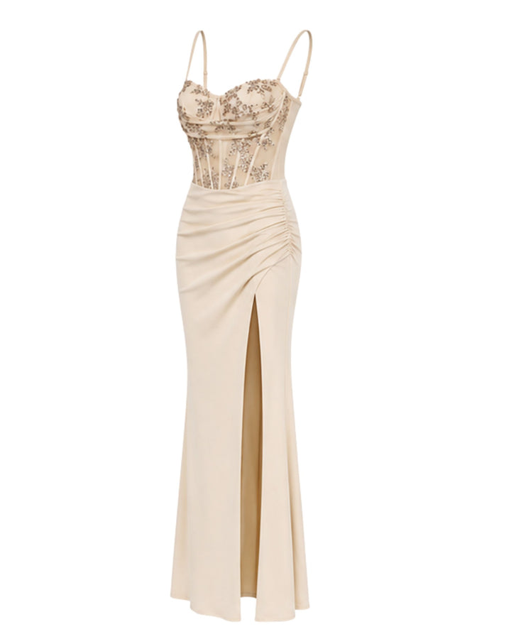 Celestia Embellished Corset Maxi Dress in Champagne Beige
