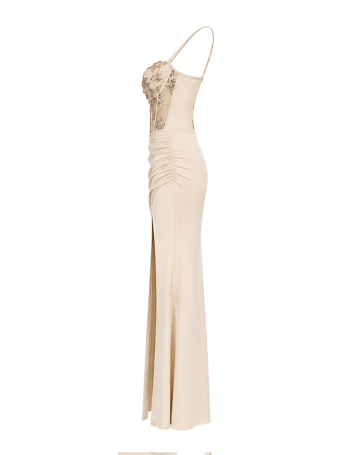 Celestia Embellished Corset Maxi Dress in Champagne Beige