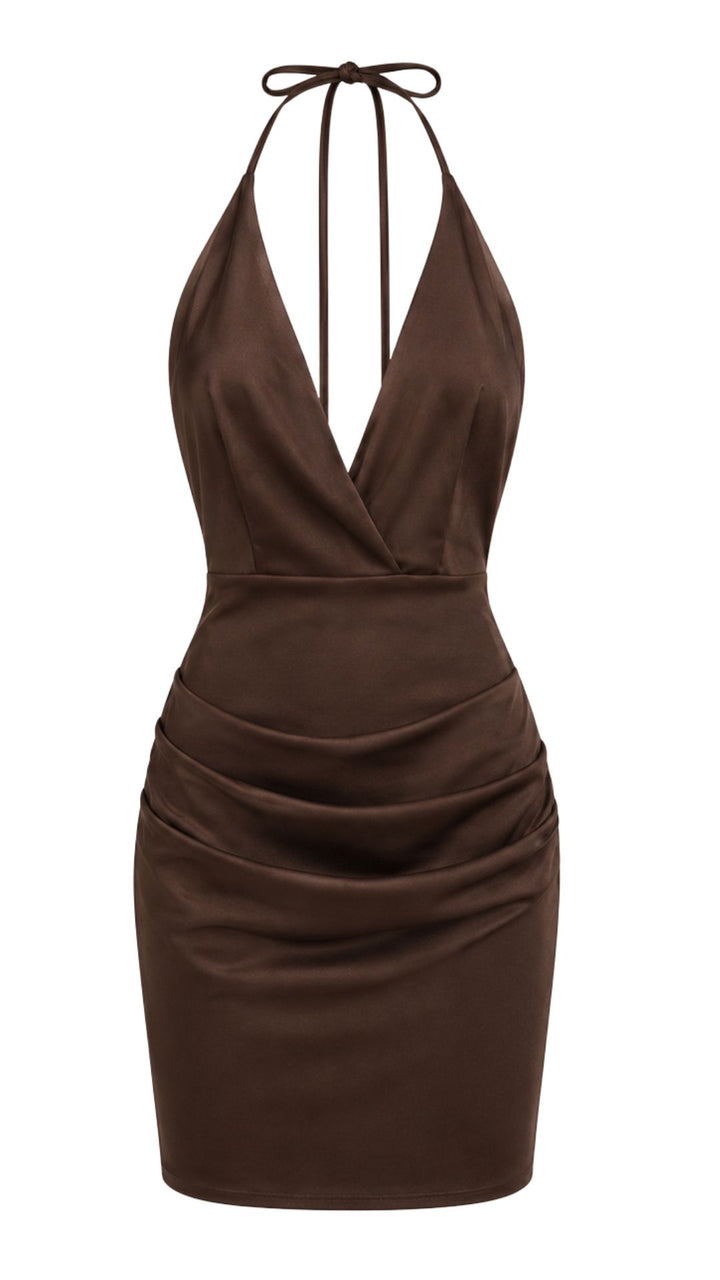 Draped Halter Mini Dress  Chocolate Brown