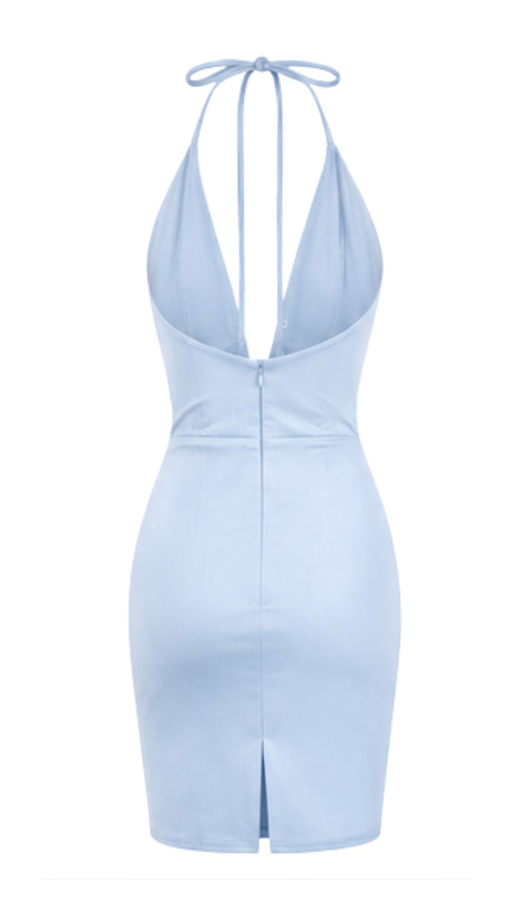 Draped Halter Mini Dress Baby Blue