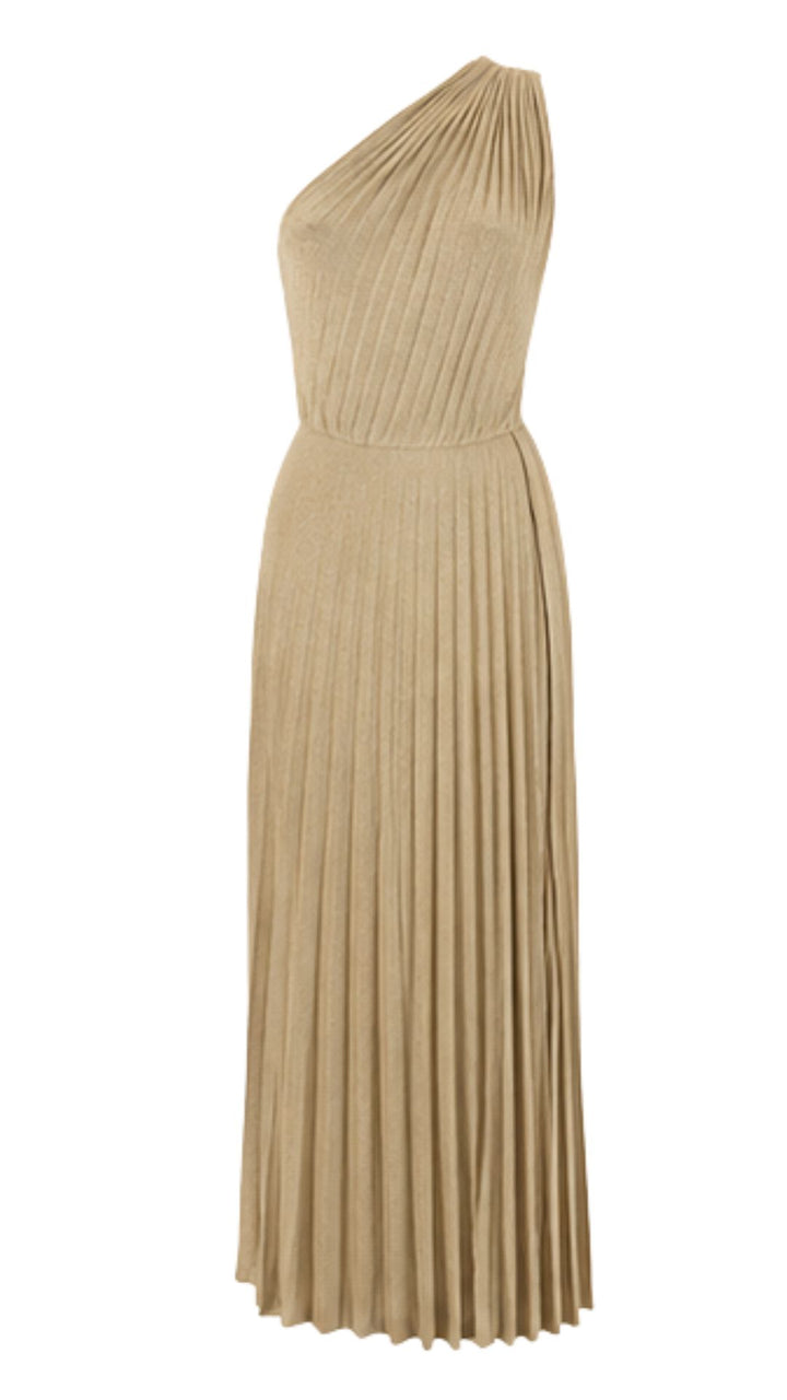Golden Muse One-Shoulder Pleated Maxi Dress