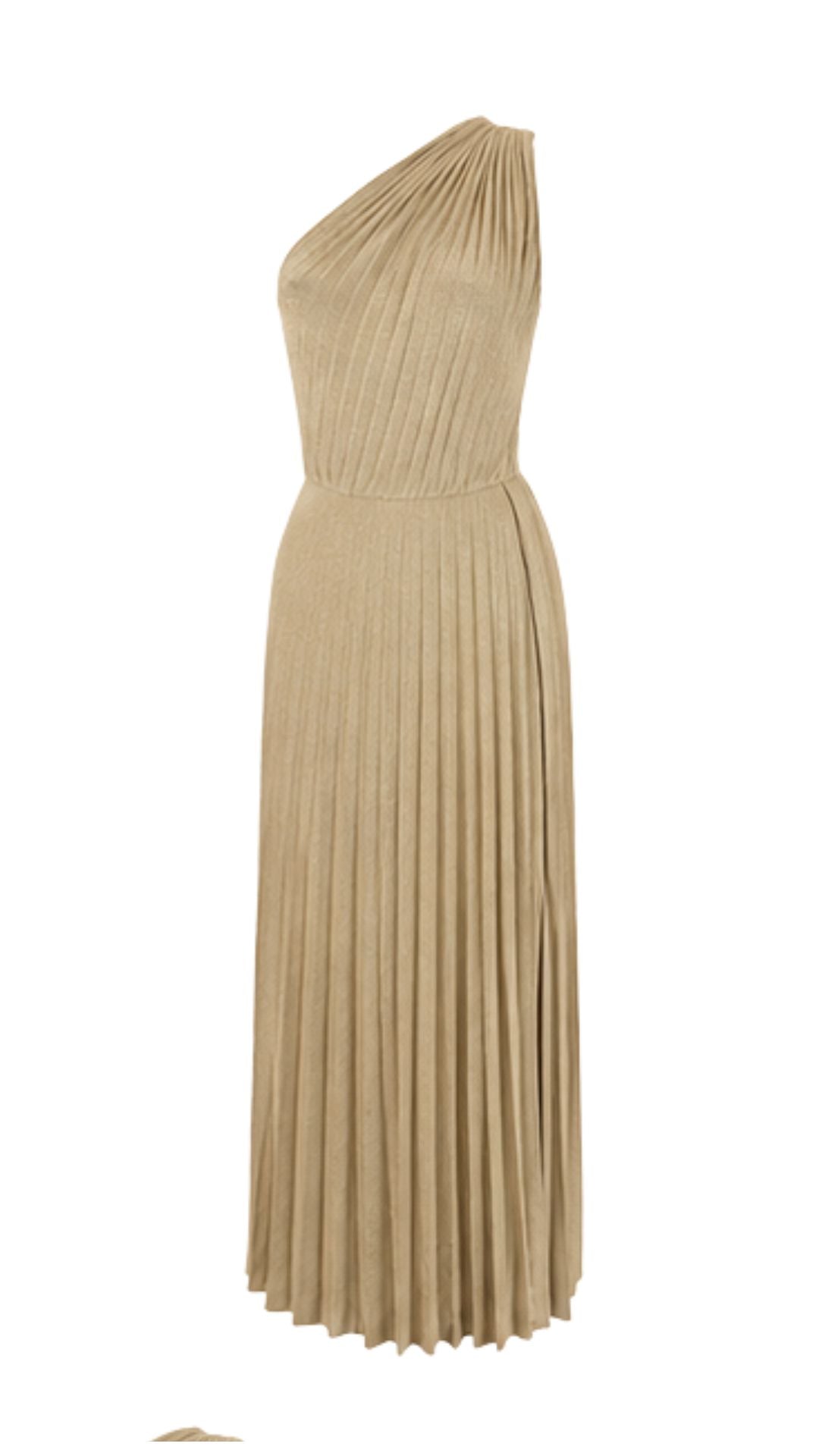 Golden Muse One-Shoulder Pleated Maxi Dress