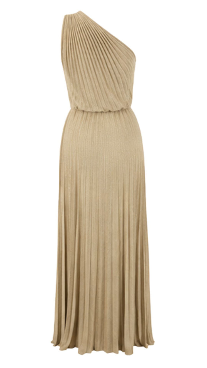 Golden Muse One-Shoulder Pleated Maxi Dress