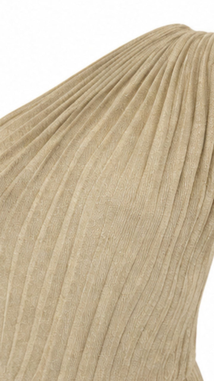 Golden Muse One-Shoulder Pleated Maxi Dress