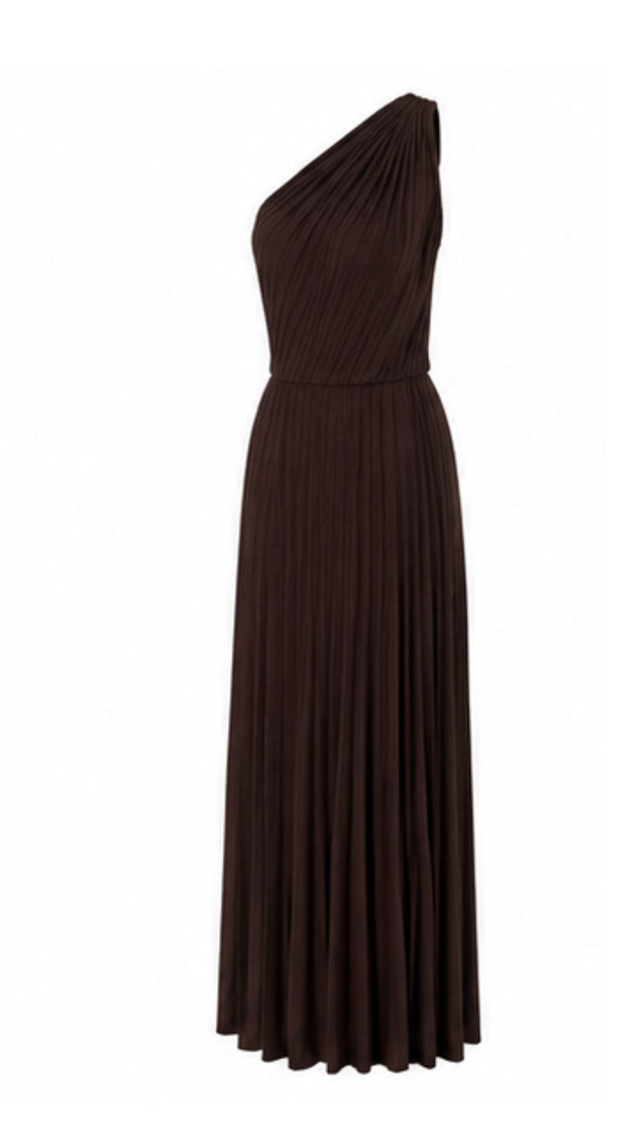 Chocolate Muse One-Shoulder Pleated Maxi Dress