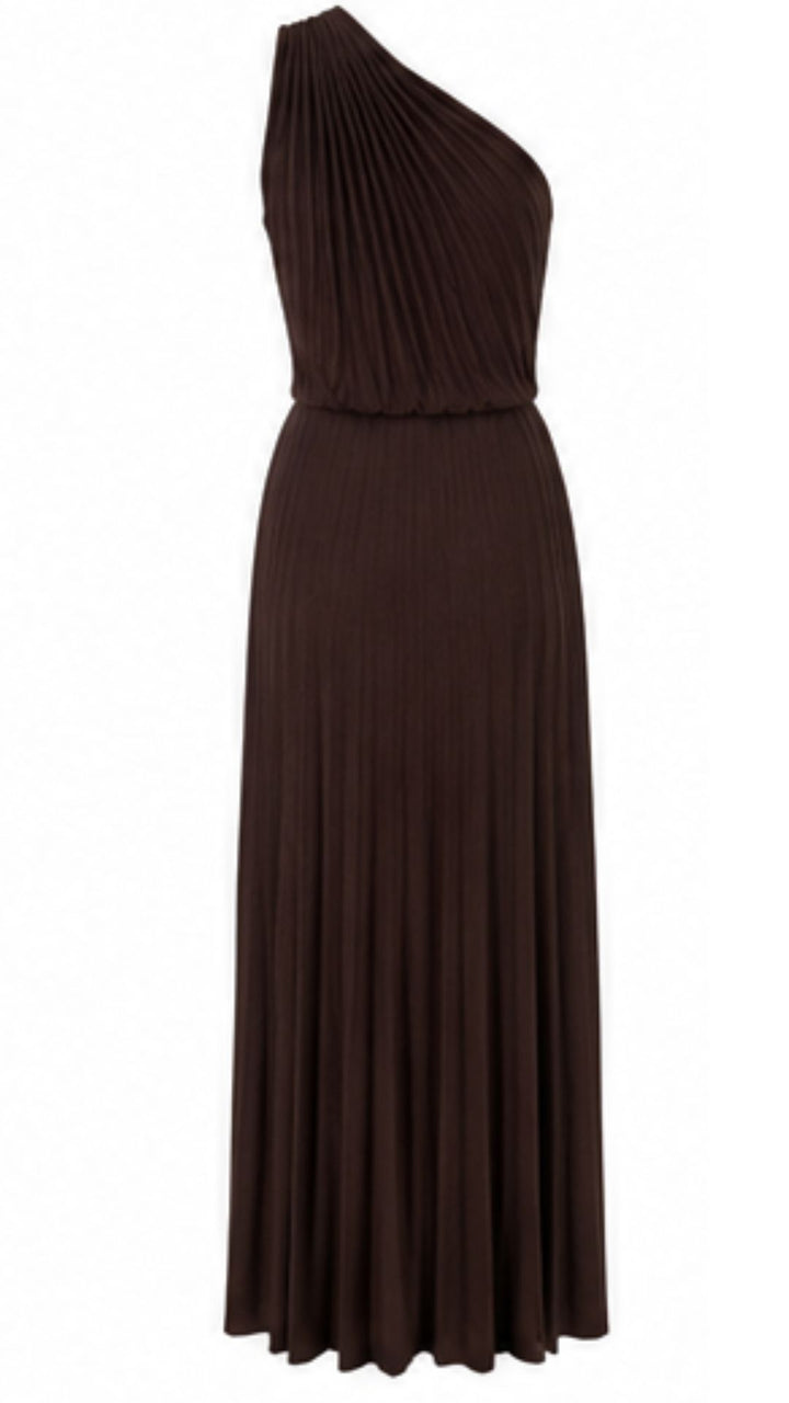 Chocolate Muse One-Shoulder Pleated Maxi Dress