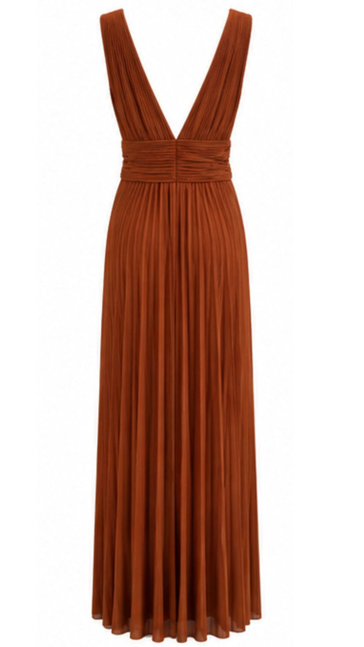 Pleated Maxi Dress Terracotta Brown
