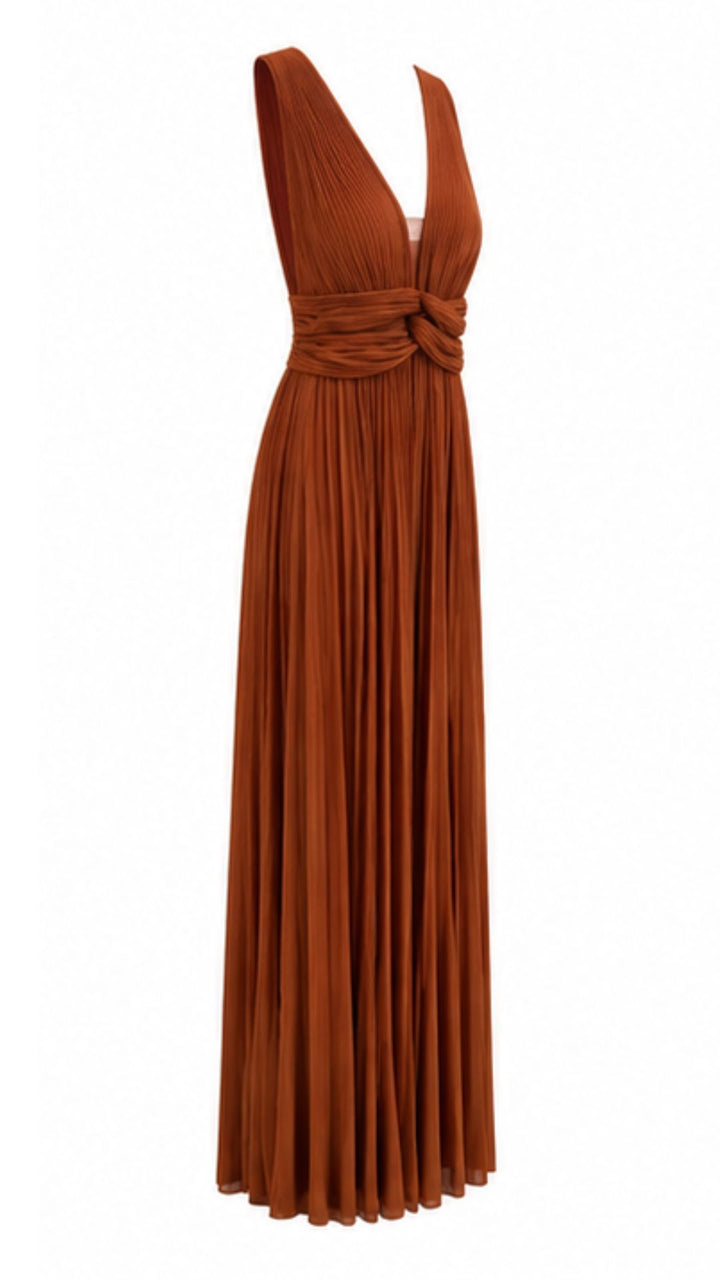Pleated Maxi Dress Terracotta Brown